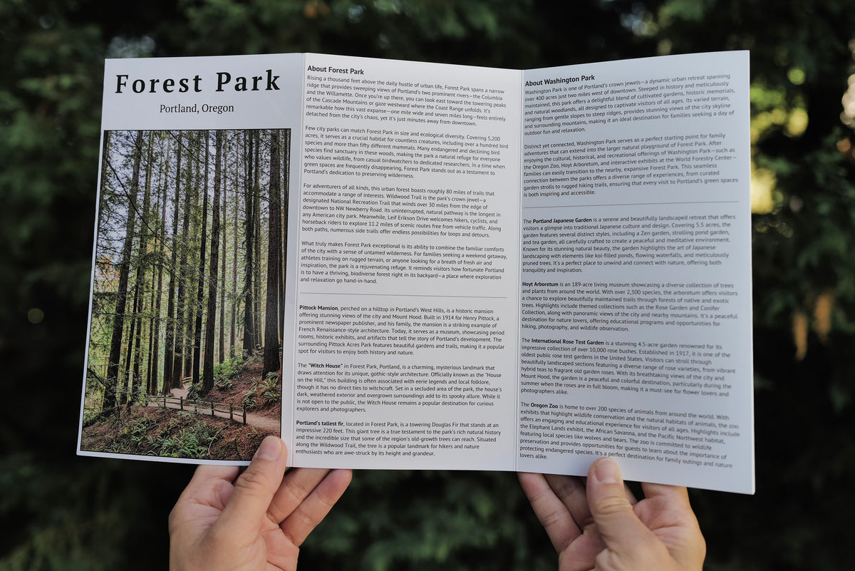 Forest Park Adventure pocket map — Wildwood Trail route, Portland Oregon